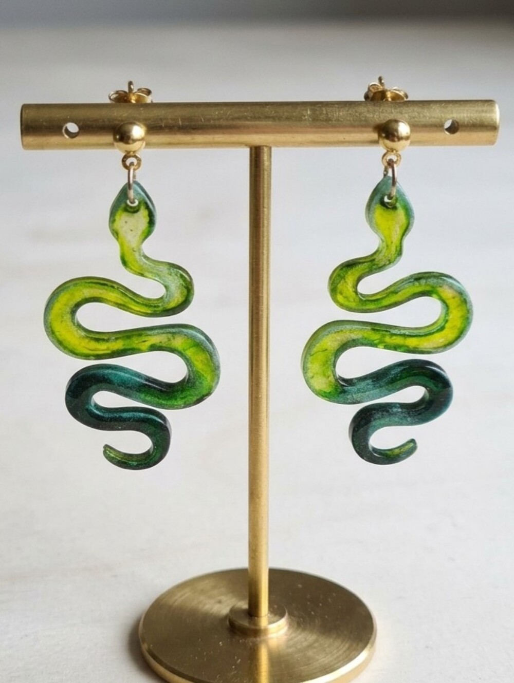 Shimmering Green Snake Resin Dangle Earrings | Hypoallergenic